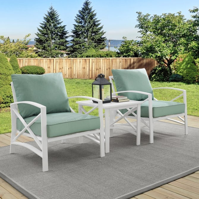 Crosley Furniture Kaplan 3-Piece Outdoor Chat Set in Mist and White Color