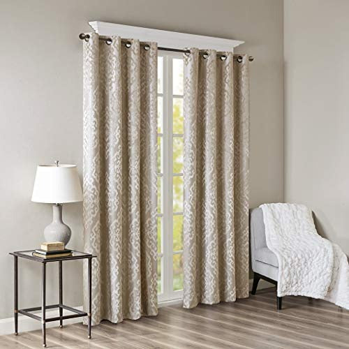 SunSmart Mirage 100% Total Blackout Single Window Curtain, Knitted Jacquard Damask Room Darkening Curtain Panel with Grommet Top, Champagne, 50x95"