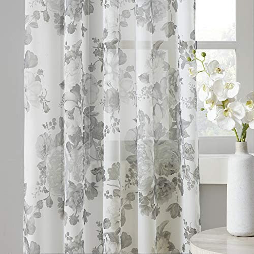 Madison Park Simone Floral Design Sheer Single Window Curtain Voile Privacy Drape for Bedroom, Livingroom, 50" x 84", White