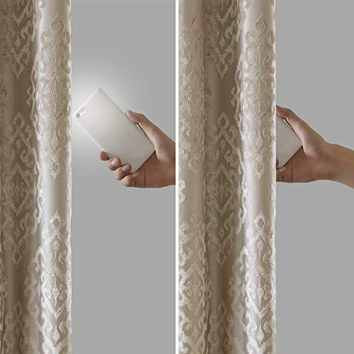 SunSmart Mirage 100% Total Blackout Single Window Curtain, Knitted Jacquard Damask Room Darkening Curtain Panel with Grommet Top, 50x84", Champagne