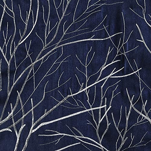Andora Embroidered-Rod Pocket Valance , Tree Small Faux Silk Valances for Window , 50X18" , Navy