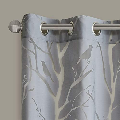 Madison Park Semi Sheer Curtain Modern Contemporary Botanical Print Out Design, Grommet Top, Single Window Drape for Living Room, Bedroom and Dorm, 50x63, Bird Grey