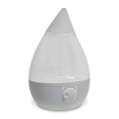 Crane Drop Ultrasonic Cool Mist Humidifier, Filter Free, 1 Gallon, 500 Sq Ft Coverage, Air Humidifier for Plants Home Bedroom Baby Nursery and Office, Grey
