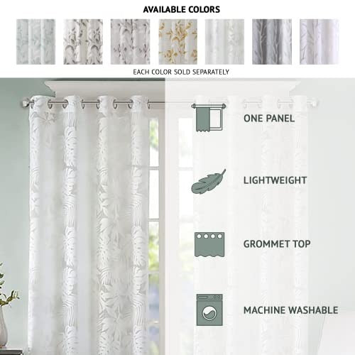 Madison Park Botanical Sheer Curtains for Bedroom, Modern Contemporary Linen Grommet Living Room, Nature Summer Fashion Panel, 50x84, Leaves Grey