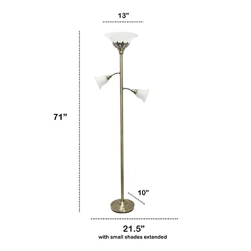 Torchiere Floor Lamp with 2 Reading Lights and Scalloped Glass Shades, Antique Brass