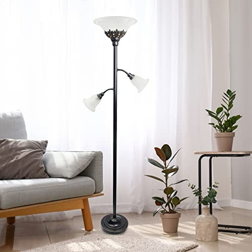 Lalia Home Torchiere Floor Lamp with 2 Reading Lights and Scalloped Glass Shades, Restoration Bronze and White