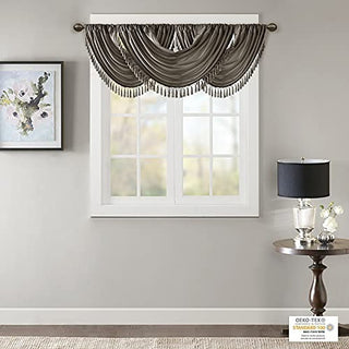 Madison Park Elena Faux Silk Waterfall Embellished Valance, Pewter, 38 x 46 in
