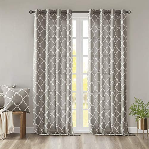 Madison Park Saratoga Single Window Curtain Light Filtering Fretwork Print 1 Panel Grommet Top Drape/Valance for Living Room Bedroom and Dorm, 50 x 108 in, Grey