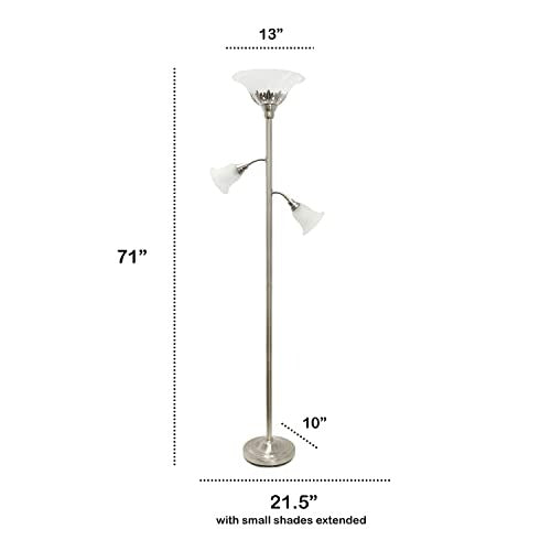 Torchiere Floor Lamp with 2 Reading Lights and Scalloped Glass Shades, Brushed Nickel