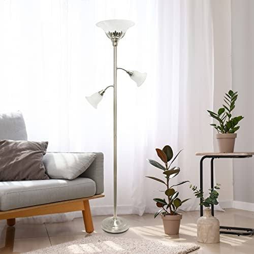 Torchiere Floor Lamp with 2 Reading Lights and Scalloped Glass Shades, Brushed Nickel