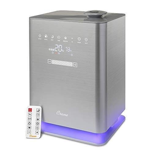 Crane Warm & Cool Mist Top Fill Humidifier with Remote, 1.2 Gallon, 500 Sq. Ft Coverage, UV Ionizing Light, Metallic