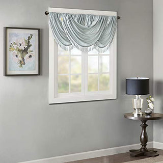 Madison Park Elena Faux Silk Waterfall Embellished Valance, Dusty Aqua, 38 x 46 in