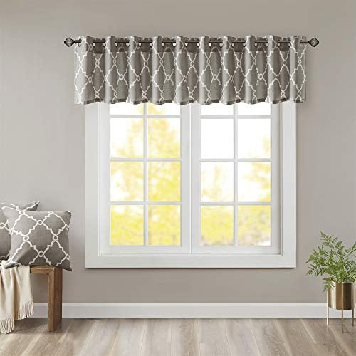 Madison Park Saratoga Light Filtering Fretwork Print Grommet Top Window Valance Swags for Living Room Bedroom and Kitchen, 50x18", Grey