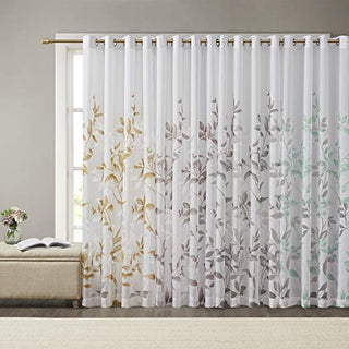 Madison Park Sheer Curtain Panel, Grommet Top, Leaves Grey, 50 x 84 in