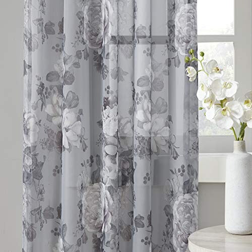 Madison Park Simone Floral Design Sheer Single Window Curtain Voile Privacy Drape for Bedroom, Livingroom, 50" x 95", Backtab Panel, Grey