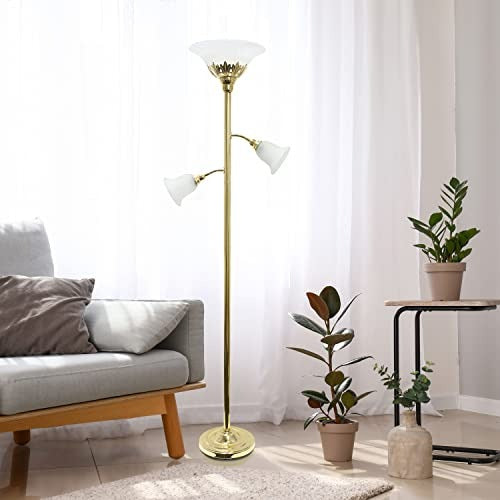Torchiere Floor Lamp with 2 Reading Lights and Scalloped Glass Shades, Gold