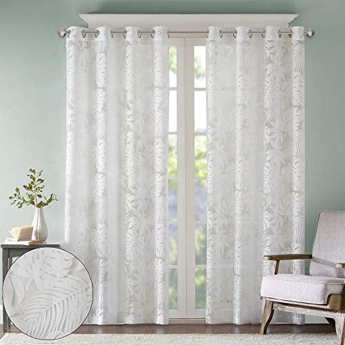 Madison Park Semi Sheer Single Curtain Modern Contemporary Botanical Print Out Design, Grommet Top, Window Drape for Living Room, Bedroom and Dorm, 50x84, Tropical White