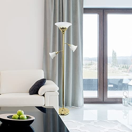 Torchiere Floor Lamp with 2 Reading Lights and Scalloped Glass Shades, Gold