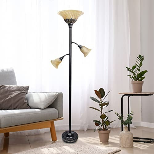 Lalia Home Torchiere Floor Lamp with 2 Reading Lights and Scalloped Glass Shades, Restoration Bronze