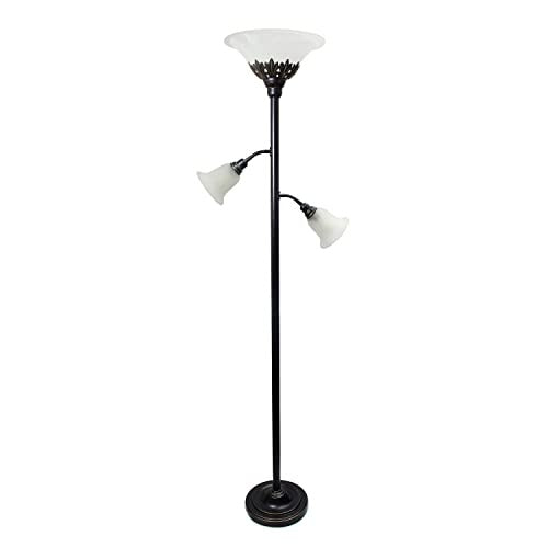 Torchiere Floor Lamp with 2 Reading Lights and Scalloped Glass Shades, Restoration Bronze and White