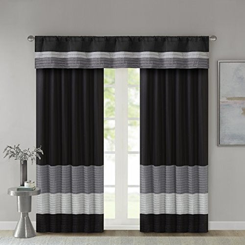 Madison Park Amherst Single Panel Faux Silk Rod Pocket Curtain With Privacy Lining for Living Room, Window Drapes for Bedroom and Dorm, 50x18, Black