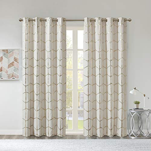 Intelligent Design Raina Total Blackout Metallic Print Grommet Top Single Window Curtain Panel Thermal Insulated Light Blocking Drape for Bedroom Living Room and Dorm 1 Piece, 50x63, Ivory/Gold