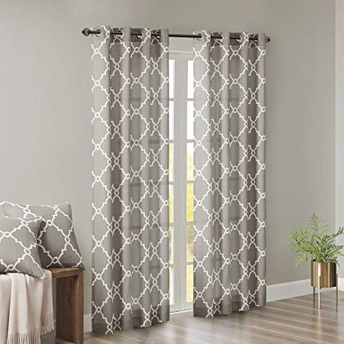 Madison Park Saratoga Single Window Curtain Light Filtering Fretwork Print 1 Panel Grommet Top Drape for Living Room Bedroom and Dorm, 50x63, Grey