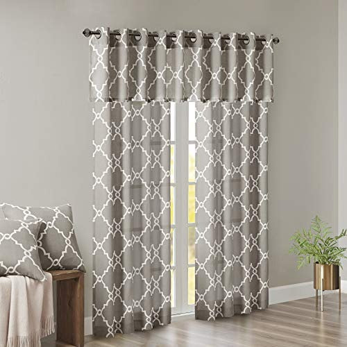 Madison Park Saratoga Light Filtering Fretwork Print Grommet Top Window Valance Swags for Living Room Bedroom and Kitchen, 50x18", Grey