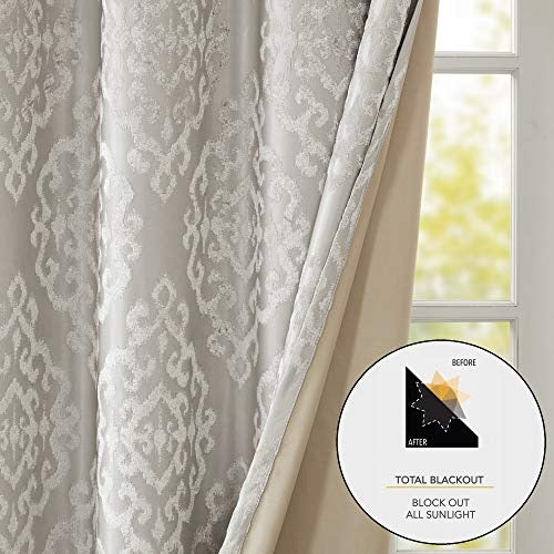 SunSmart Mirage 100% Total Blackout Single Window Curtain, Knitted Jacquard Damask Room Darkening Curtain Panel with Grommet Top, 50x84", Grey