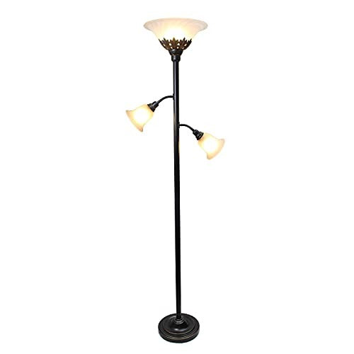 Torchiere Floor Lamp with 2 Reading Lights and Scalloped Glass Shades, Restoration Bronze and White