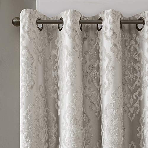 SunSmart Mirage 100% Total Blackout Single Window Curtain, Knitted Jacquard Damask Room Darkening Curtain Panel with Grommet Top, 50x84", Grey