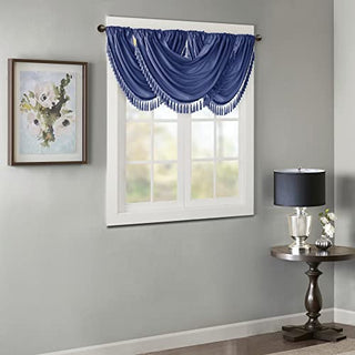 Madison Park Elena Faux Silk Waterfall Embellished Valance, Navy, 38 x 46 in