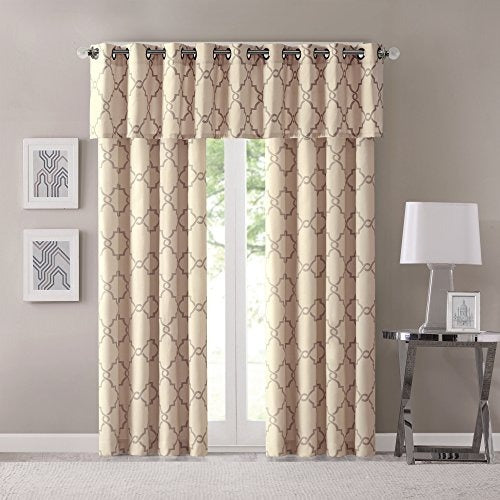 Madison Park Saratoga Light Filtering Fretwork Print Grommet Top Window Valance Swags for Living Room Bedroom and Kitchen, 50x18", Beige