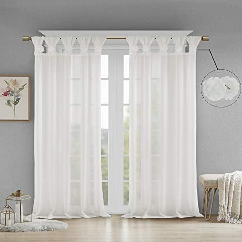 Madison Park - MP40-5644 Rosette Floral Embellished Cuff Tab Top Solid Window Treatments Curtain Panel Drape for Bedroom Living Room and Dorm, 50"X63", White