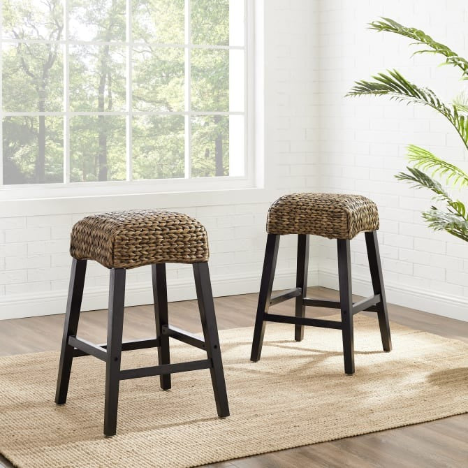 Crosley Furniture Edgewater 2Pc Backless Counter Stool Set Seagrass/Darkbrown