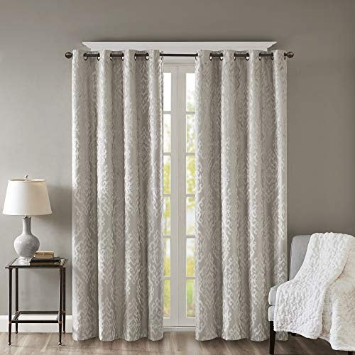 SunSmart Mirage 100% Total Blackout Single Window Curtain, Knitted Jacquard Damask Room Darkening Curtain Panel with Grommet Top, 50x95", Grey