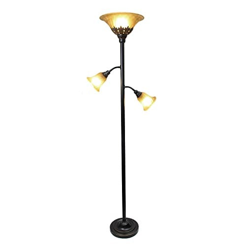 Torchiere Floor Lamp with 2 Reading Lights and Scalloped Glass Shades, Restoration Bronze