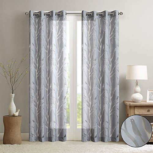 Madison Park Semi Sheer Curtain Modern Contemporary Botanical Print Out Design, Grommet Top, Single Window Drape for Living Room, Bedroom and Dorm, 50x95, Bird Grey