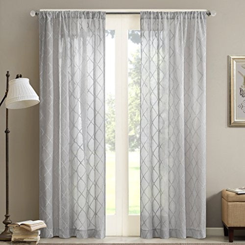 Madison Park Harper Sheer Embroidered Single Curtain for Kitchen, Transitional Fabric Sheers Single Curtain for Living Room, 1-Panel Pack, 50 x 84, Grey