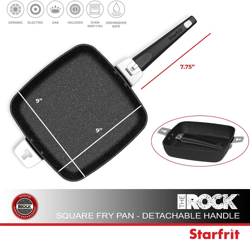 THE ROCK by Starfrit 9-Inch Fry Pan/Square Dish with T-Lock Detachable Handle, Normal, Black