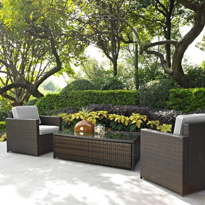 Crosley Furniture Palm Harbor 3-Piece Outdoor Wicker Chat Set in Gray and Brown Color