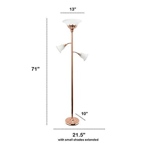 Torchiere Floor Lamp with 2 Reading Lights and Scalloped Glass Shades, Rose Gold