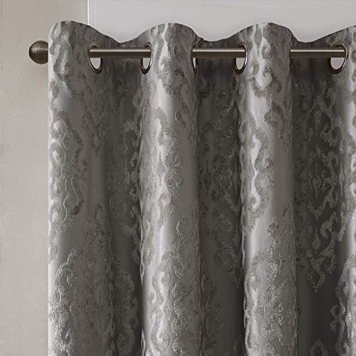 SunSmart Mirage 100% Total Blackout Single Window Curtain, Knitted Jacquard Damask Room Darkening Curtain Panel with Grommet Top, 50x84", Charcoal