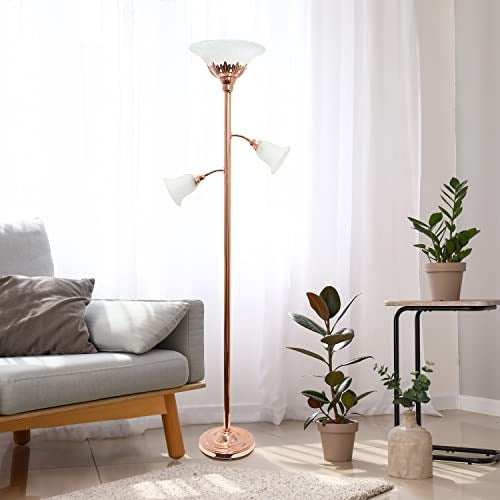 Torchiere Floor Lamp with 2 Reading Lights and Scalloped Glass Shades, Rose Gold