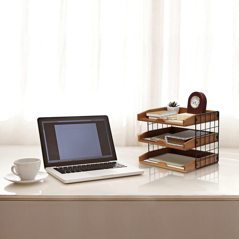 HomePlace Home Office Wood Desk Organizer Mail Letter Tray with 3 Shelves, Natural Wood