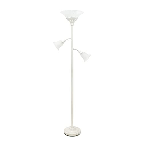 Torchiere Floor Lamp with 2 Reading Lights and Scalloped Glass Shades, White