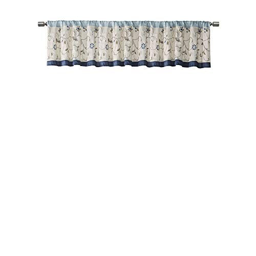 Madison Park Serene Embroidery Room-Darkening Valance Window Treatment Rod Pocket/Back Tab Short Drape, 50x18", Navy