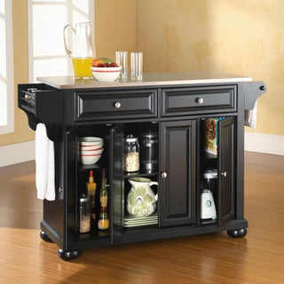 Alexandria Full Size Kitchen Island with Stainless Steel Top, Black | SKU KF30002ABK