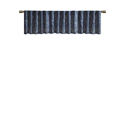 Andora Embroidered-Rod Pocket Valance , Tree Small Faux Silk Valances for Window , 50X18" , Navy