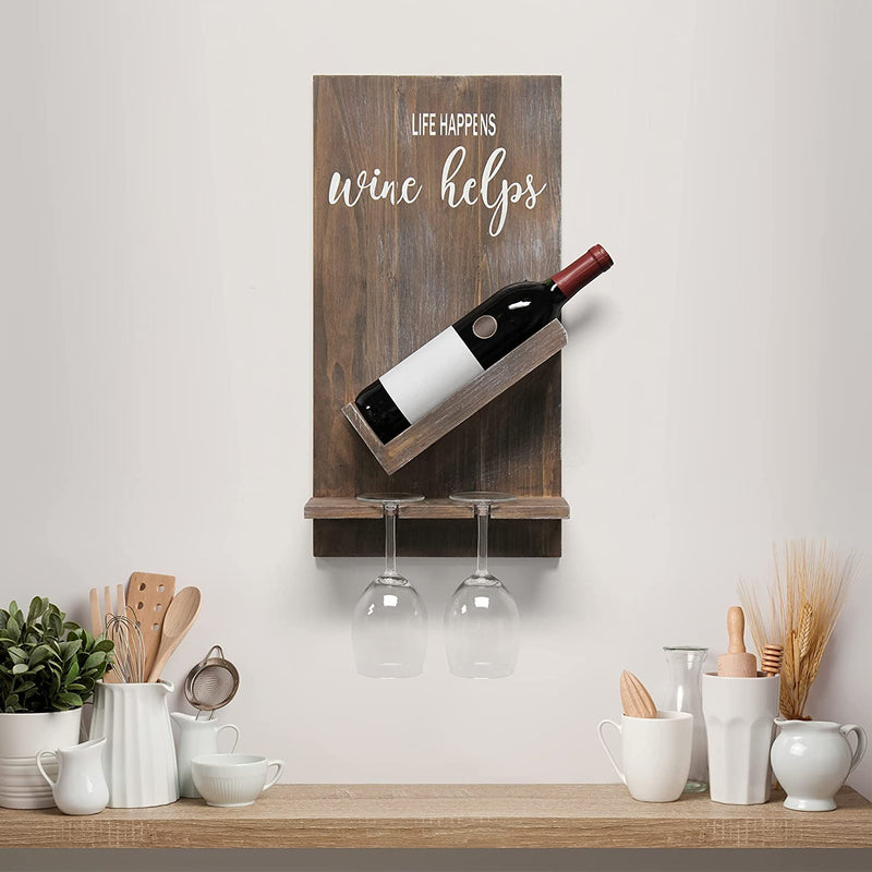 HomePlace Wall Mounted Wooden “Life Happens Wine Helps” Wine Bottle Shelf with Glass Holder, White Wash